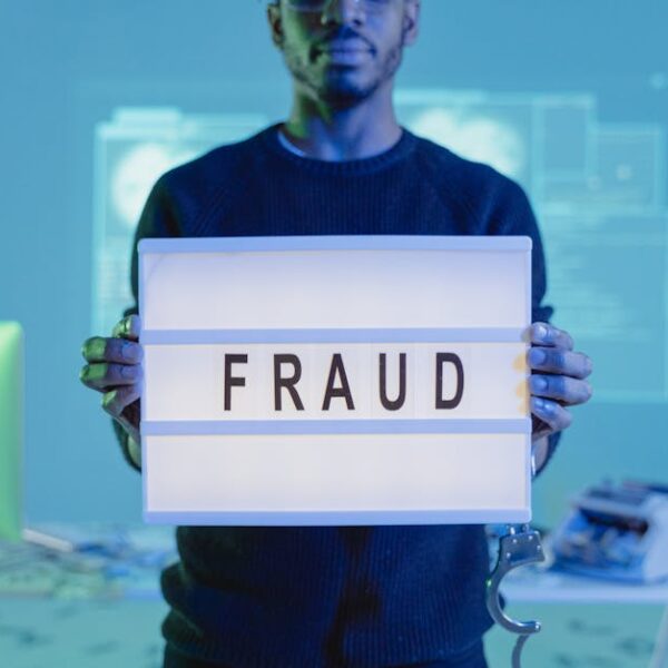 A man holding a sign reading 'FRAUD' in a tech environment, highlighting cybersecurity concerns.