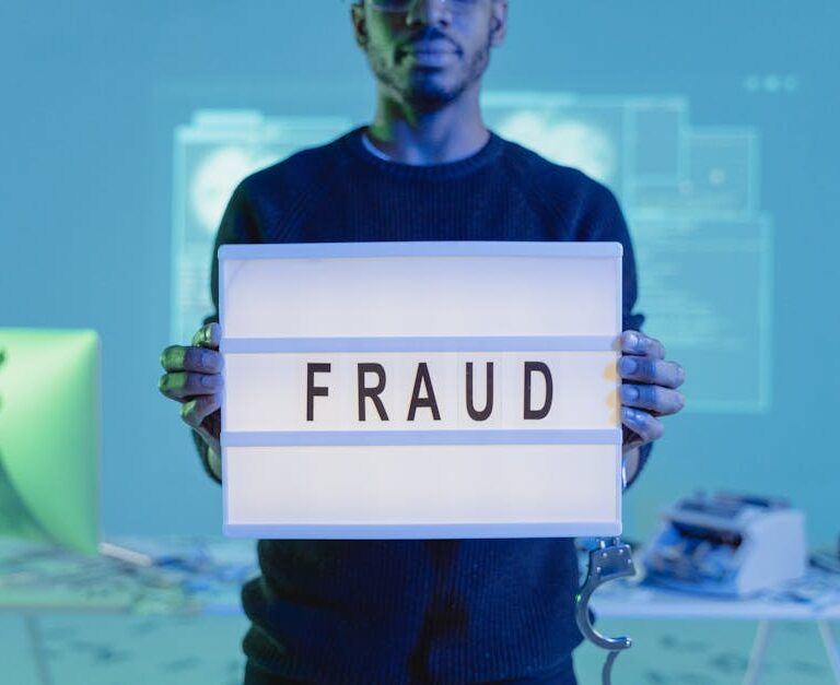 A man holding a sign reading 'FRAUD' in a tech environment, highlighting cybersecurity concerns.